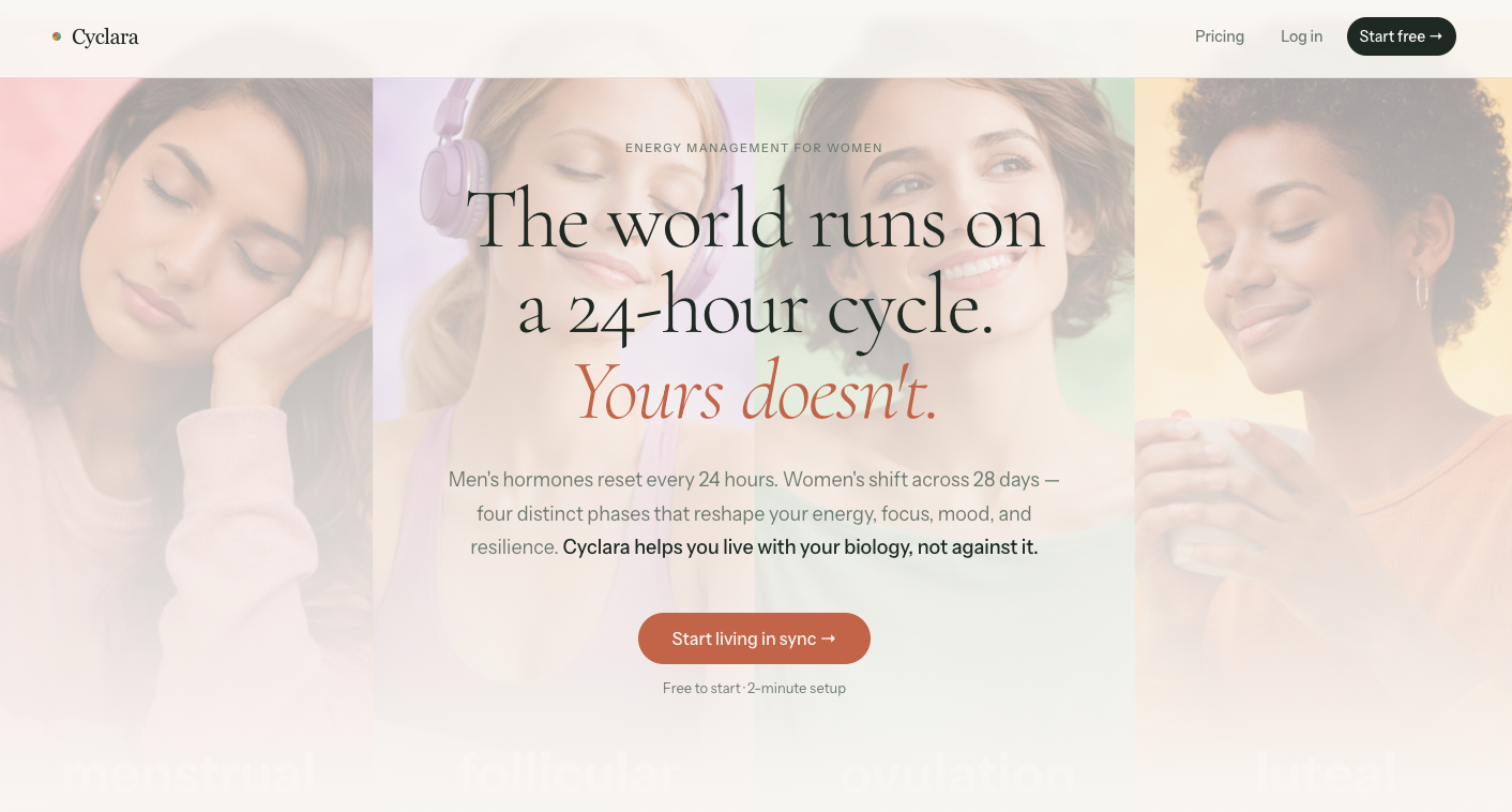 Cyclara — women's health app screens for cycle tracking
